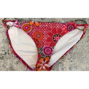 Boho Floral Bikini Bottom Pink Orange Geometric Print Metal O-Ring Low Rise‎ L